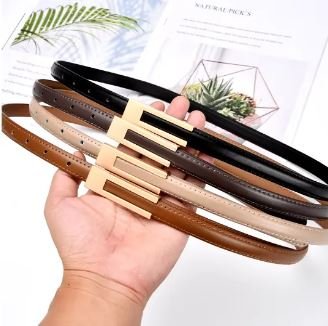 Luxury Gold Buckle Genuine Leather Belt for Girls Fashion Cowskin Thin Metal Black White Belts Female Jeans Dress Waistband for Women Length 105CM